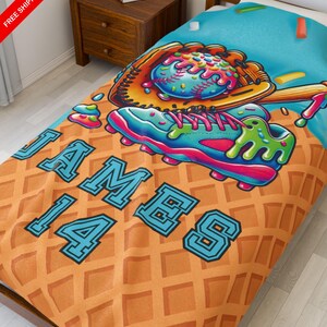 Baseball Blanket Personalized, Baseball Ice Cream Drip Bedroom Decor For Boys Baseball Player Gifts, Custom Baseball Bedding Kids Room