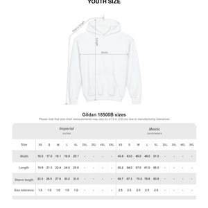 May include: A white hoodie with a size chart for youth sizes. The chart includes measurements in inches and centimeters for width, length, and sleeve length. The text "YOUTH SIZE" is at the top.