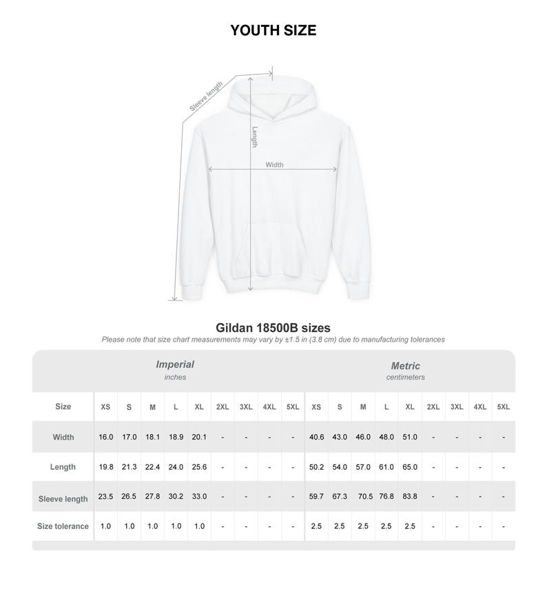 May include: A white hoodie with a size chart for youth sizes. The chart includes measurements in inches and centimeters for width, length, and sleeve length. The text "YOUTH SIZE" is at the top.