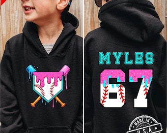 Custom Name & Number Baseball Drip Hoodie For Boys, Personalized Baseball Hoodie Youth, Baseball Ice Cream Drip, Kids 67 Baseball Hoodie