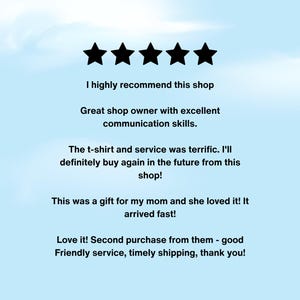 May include: A light blue background with five black stars at the top. Text reads: "I highly recommend this shop. Great shop owner with excellent communication skills. The t-shirt and service was terrific."