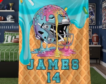 Personalized Football Blanket With Custom Name, Football Team Gifts, Football Birthday Gift Youth Kids, Ice Cream Drip Boys Football Gifts