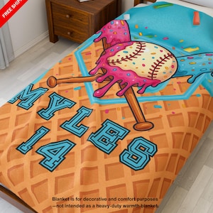 Baseball Blanket Personalized, Custom Name & Number Baseball Ice Cream Drip Throw Blanket, Baseball Room Decor Boys Bedroom Baseball Bedding