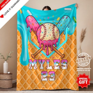 Custom Baseball Drip Blanket, Personalized Ice Cream Drip Baseball Blanket, Baseball Ice Cream Drip, Baseball Gifts For Players Birthday