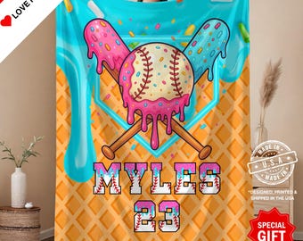 Aangepaste honkbal-infuusdeken, gepersonaliseerde Ice Cream Drip-honkbaldeken, honkbal-ijs infuus, honkbalcadeaus voor verjaardag spelers