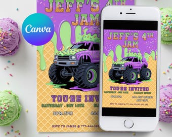 Canva Monster Truck Birthday Invitation Template: Editable Digital Birthday Invitations Monster Truck Birthday Party Invite Instant Download