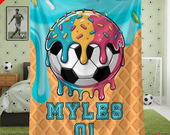 Personalized Soccer Blanket With Name, Custom Soccer Team Gifts For Kids Boys Girls, Soccer Bedroom Decor Bedding, Soccer Ice Cream Drip