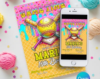 Invitación de cumpleaños de sóftbol en Canva, Invitación de cumpleaños con efecto goteo de sóftbol, Plantilla editable de invitación para fiesta de cumpleaños de sóftbol (descarga instantánea)