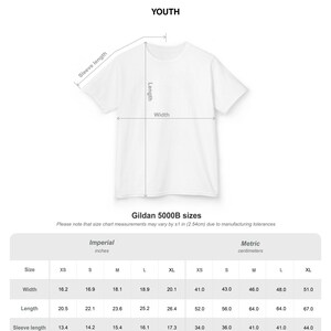 May include: A white youth t-shirt with measurements for width, length, and sleeve length in inches. The size chart includes XS, S, M, L, and XL sizes. The text "YOUTH" is at the top of the image. The t-shirt is a Gildan 5000B.