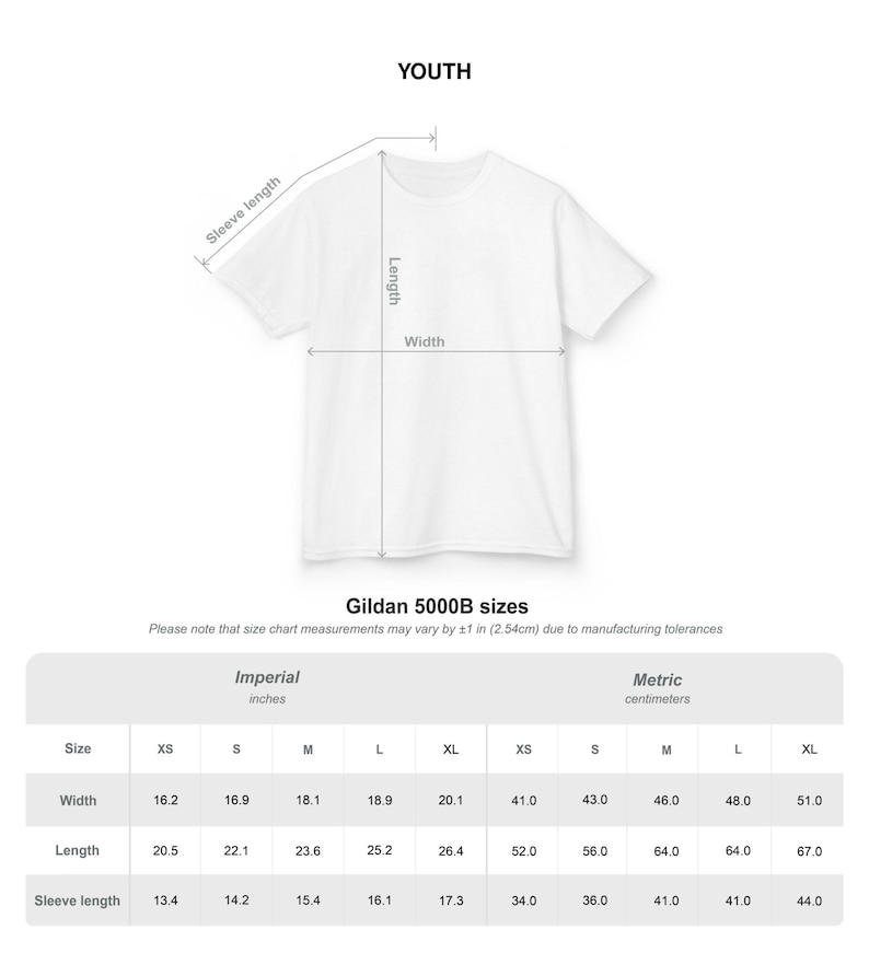 May include: A white youth t-shirt with measurements for width, length, and sleeve length in inches. The size chart includes XS, S, M, L, and XL sizes. The text "YOUTH" is at the top of the image. The t-shirt is a Gildan 5000B.
