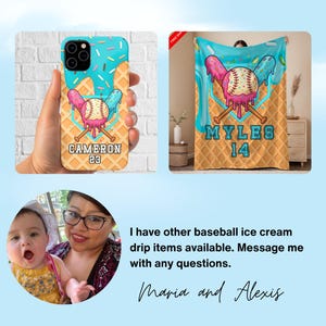 May include: A phone case and a blanket featuring a baseball ice cream design. The phone case has a waffle cone background with a baseball, crossed bats, and the name "Cameron" and number "23". The blanket has the name "Myles" and number "14".