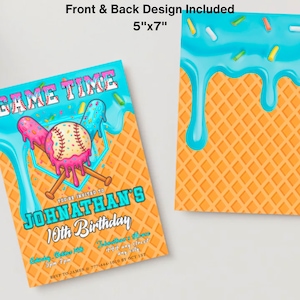 May include: Baseball-themed birthday party invitations with a front and back design. The invitations feature a baseball and crossed bats with a dripping ice cream design. The text reads "GAME TIME" and "JOHNATHAN'S 10th Birthday". The invitations are 5"x7".