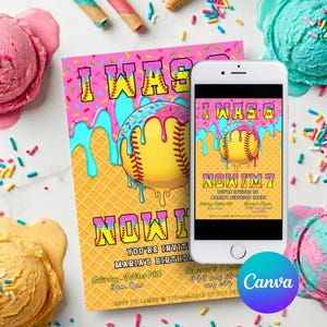 May include: A pink baseball-themed birthday party invitation with the text "I WAS 6, NOW I'M 7". The design includes a baseball with dripping blue and pink ice cream, and a waffle cone pattern. A smartphone displays the same design.