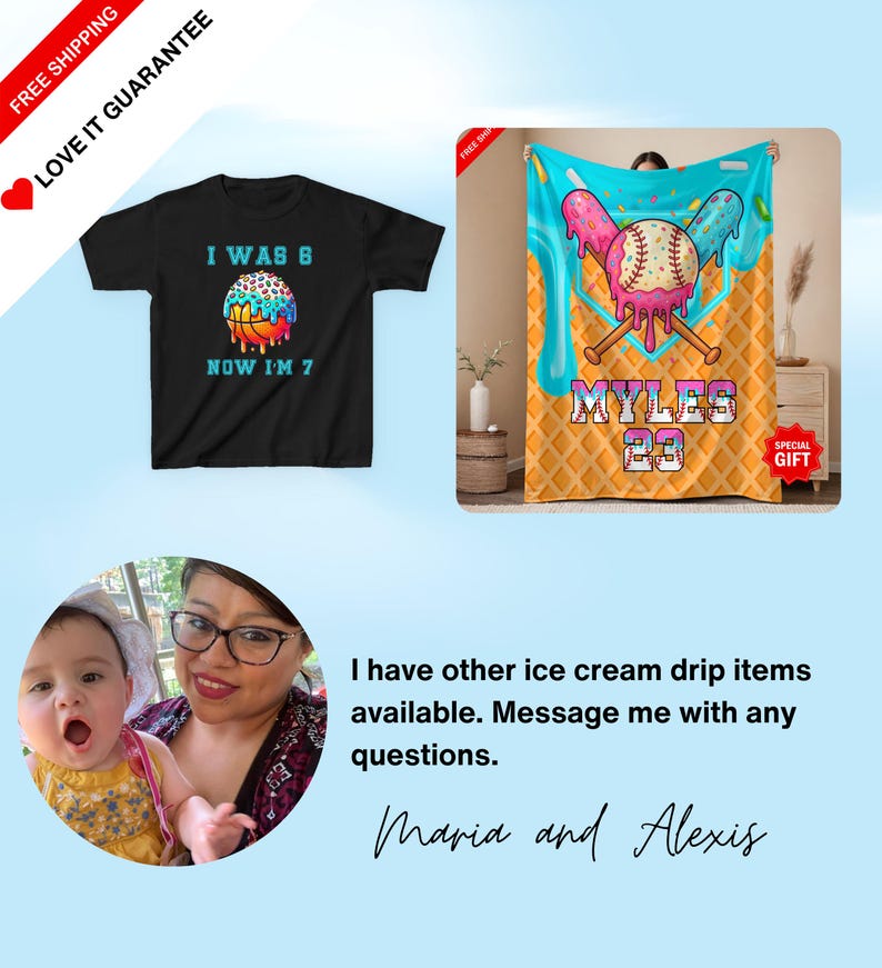 May include: Black t-shirt with "I WAS 6 NOW I'M 7" text and a colorful basketball design. A turquoise and pink ice cream-themed blanket with a baseball and the name "MYLES" and the number "23".