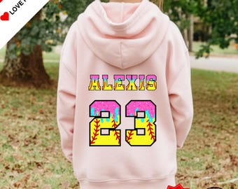 Custom Name & Number Girls Softball Hoodie, Softball Drip Hoodies, Personalized Softball Gifts For Girls, Players, Team, Youth Girl Birthday