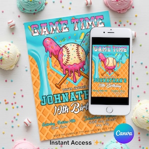 May include: A baseball-themed birthday invitation with the text "GAME TIME" and "JOHNATHAN'S 10th Birthday." The design features a baseball with melting ice cream and crossed bats. The invitation is displayed on a smartphone and a printed card.