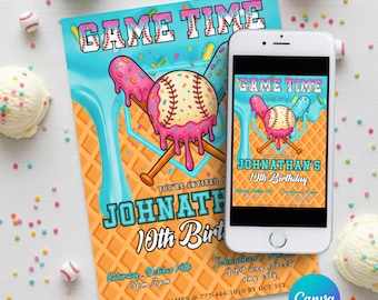 Canva Baseball Drip Birthday Invitation, Baseball Ice Cream Drip Birthday Party Invite, Baseball Invitation Birthday Instant Download Custom