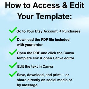 May include: A light blue graphic with the text "How to Access & Edit Your Template:" and instructions with green checkmarks. Instructions include accessing Etsy purchases, downloading a PDF, opening a Canva link, editing text, and saving or sharing.
