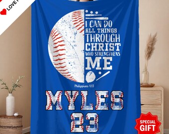 Manta de béisbol personalizada con nombre y número, Filipenses 4:13 Todo lo puedo en Cristo que me fortalece, Regalos cristianos de béisbol para niños