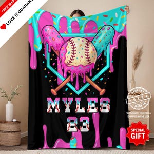 Personalized Baseball Blanket, Kids Baseball Drip Blanket With Name and Number, Ice Cream Drip Baseball Gifts For Boys Baseball Room Decor