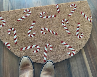 Half-Circle Falling Candy Canes Christmas Coir Door Mat