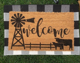 Welcome Farm/Ranch/Pasture Scene Outdoor Coir Door Mat