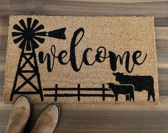 Welcome Farm/Ranch/Pasture Scene Outdoor Coir Door Mat