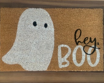 Hey, Boo Halloween Ghost Outdoor Coir Welcome Mat