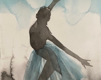Giclée Art Print of Watercolor Dancer in grey and blue