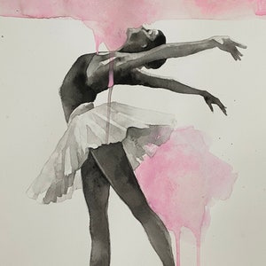 Giclée Art Print of Watercolor Ballerina in grey and pink