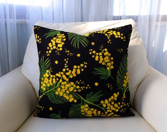 Negro amarillo cojín cubierta, almohada floral negro, amarillo flores cojín cubierta, negro amarillo al aire libre cojín, negro Mimosa Acacia Throw almohada