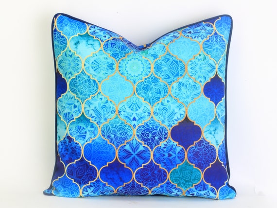 Moroccan Tile Pillow Cover Quatrefoil Cushion Covers Blue Etsy