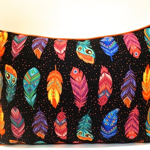 Colorful Feathers Pillow, Boho Cushion Cover, Black Pillow Cover, Multicolor Boho Pillow Case, Bohemian Home Decor Ethnic Boho Throw Pillow