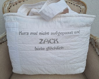 Strandtasche Tasche Shopper xxl Bag Upcycling Shabby Vintage  BW Einkaufstasche Spruch