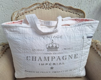 Beach bag France Shopper Bag Shopping bag Summer bag Print Three-layered Quilted White grey lined