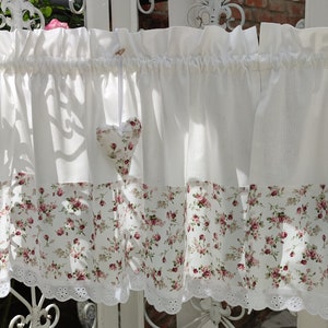 Panel curtain, bistro curtain, short curtain, roses, flowers, country house romance