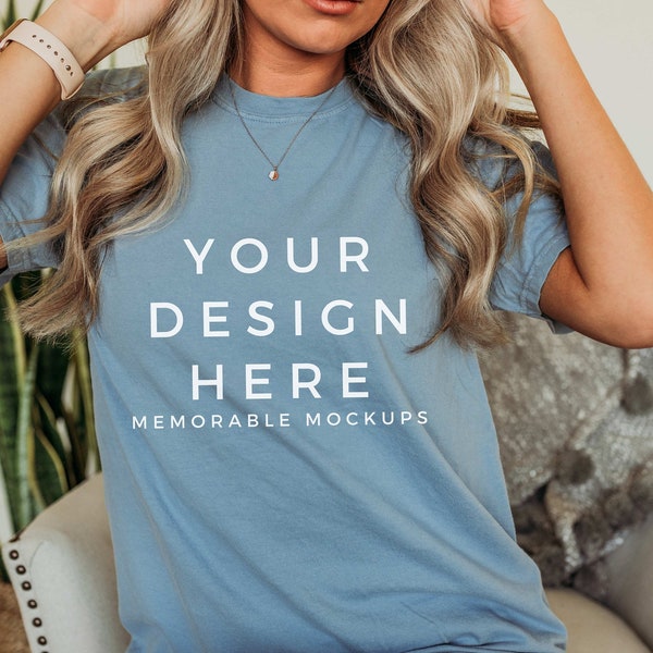 Comfort Colors C1717 Washed Denim Shirt Mockup - Blue Shirt Mockup - Comfort Color Shirt Mock - Model Mock up