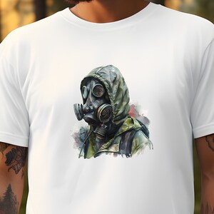 Aquarel man in gasmasker digitale clipart, gasmasker sublimatie PNG, persoon in gasmasker afdrukbaar T-shirt ontwerp
