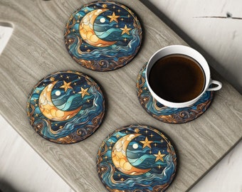 Celestial Coaster, Starry Night Coaster, Mystical Coaster, Cork Back Coaster, Coffee Table Decor
