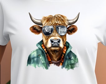 Not Today Heifer PNG, Highland Cow with Sunglasses Digital Clipart, Watercolor Highland Cow Sublimation PNG