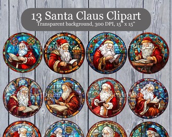 13 Vidrieras Santa Claus Digital Clipart, Santa Claus Sublimación PNG, Vidrieras Santa Imprimible Arte de pared