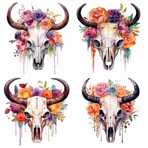 Watercolor Bull Skull with Flowers Sublimation PNG, Bull Skull Digital Clipart, Buffalo Skull Printable Wall art