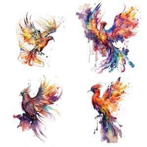 K&ouml;nnte beinhalten: Vier Aquarellbilder von Ph&ouml;nixen mit bunten Fl&uuml;geln und Schw&auml;nzen. Die Ph&ouml;nixen sind in verschiedenen Posen dargestellt, einige fliegen, andere stehen. Die Bilder sind vor einem wei&szlig;en Hintergrund mit Aquarellspritzer gesetzt.
