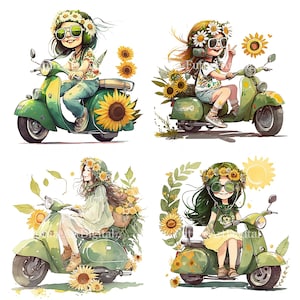 Acuarela Hippie Girl en una Vespa Digital Clipart, Hippie Girl Sublimation Clipart, Hippie Girl Imprimible Arte de pared