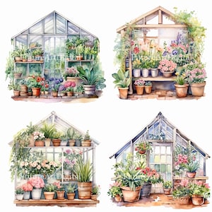 Clipart digital de estufa em aquarela com planta, arte de parede por sublimação de estufa, decoração de parede para impressão de estufa com plantas