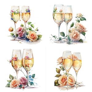 Watercolor Champagne Glasses Sublimation PNG, Champagne Glasses with Roses Printable Wall art, Champagne Glasses Digital Clipart