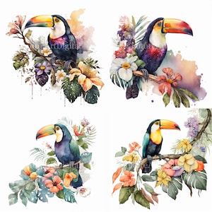 Watercolor Toucan on a Branch Sublimation PNG, Toucan with Flowers Digital Clipart, Toucan Printable Wall art