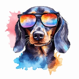 Aquarell Dackel mit Sonnenbrille digitale Clipart, Dackel druckbare Wandkunst, Dackel mit Sonnenbrille Sublimation PNG