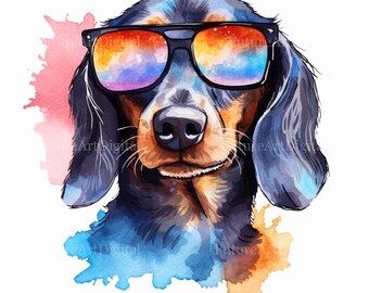 Acuarela Dachshund con gafas de sol Imágenes prediseñadas digitales, Dachshund arte de pared imprimible, Dachshund con gafas de sol Sublimación PNG