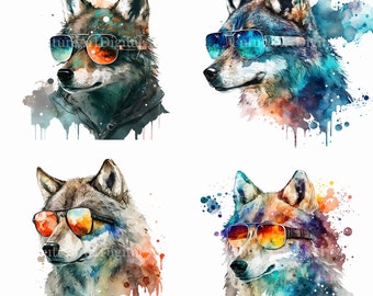 Loup aquarelle avec lunettes de soleil numérique Clipart, art mural imprimable loup, loup avec lunettes de soleil sublimation PNG